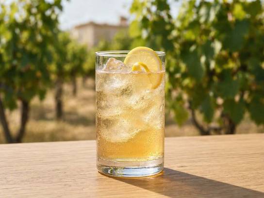 Cocktail Pineau Fizz rafraîchissant dans un verre highball avec des glaçons et du citron sur une table en bois.