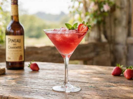 Cocktail Pineau Fraise rose dans un verre à martini sur une table en bois.