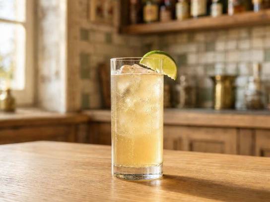 Cocktail Pineau Ginger Bliss ambré aux glaçons et citron vert dans un verre highball sur table en bois clair.