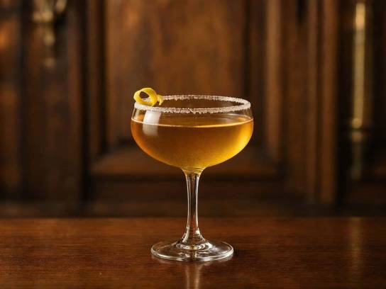 Cocktail Pineau Sidecar au zeste de citron dans une coupe givrée sur le comptoir d'un bar en bois