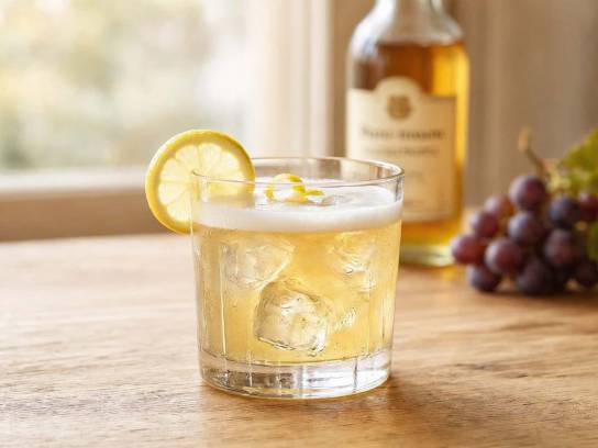 Cocktail Pineau Sour à la mousse blanche dans un verre old fashioned avec glaçons et citron sur table en bois