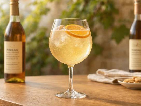 Cocktail Pineau Spritz charentais dans un grand verre ballon avec glaçons et rondelle d'orange sur une table en bois.