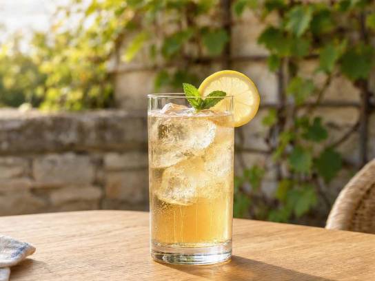 Cocktail Pineau Spritzer ambré dans un verre highball avec des glaçons, du citron et de la menthe sur une table en bois.