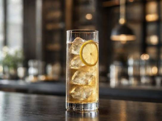 Cocktail Pineau tonic avec glaçons et citron dans un verre highball sur un comptoir de bar chic
