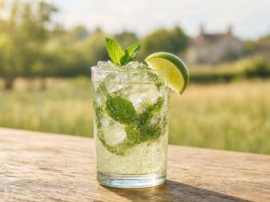 Cocktail Pineaujito au Pineau des Charentes avec menthe fraîche et citron vert sur une table en bois