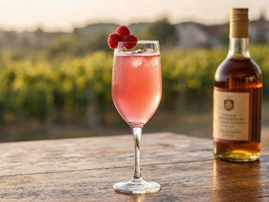 Cocktail Pink Life au cognac de couleur rose dans une flûte avec framboises, sur fond flou de vignoble charentais.