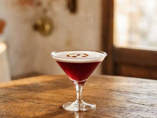 Cocktail Pino Latino au Pineau des Charentes rouge avec mousse et gouttes d’Angostura sur une table en bois.