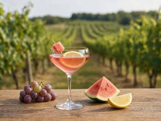 Cocktail Rosalie au Pineau des Charentes rosé, gin, citron et pastèque sur table en bois, devant un vignoble ensoleillé.