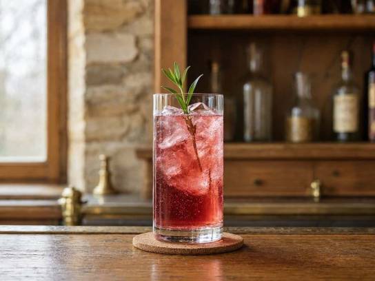 Cocktail Rosey Fizz au Pineau des Charentes rouge, Noilly Prat Dry et eau gazeuse dans un verre highball avec une tige d’estragon.