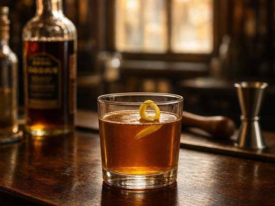 Cocktail Sazerac traditionnel au zeste de citron dans un verre old fashioned sur un bar en bois