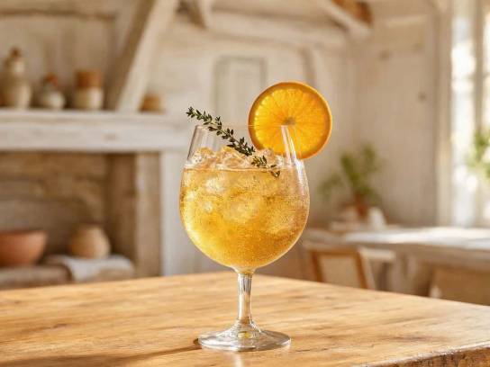 Cocktail Spritz Charentais doré au Pineau des Charentes dans un grand verre à vin avec rondelle d'orange et branche de thym.