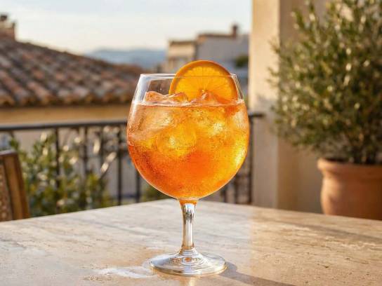 Cocktail Spritz traditionnel à l'Aperol dans un verre ballon avec rondelle d'orange, posé sur une table en terrasse de style italien.