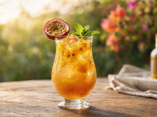 Cocktail Teahupo'o au Pineau, rhum et mangue en verre hurricane avec fruit de la passion et menthe sur une table en bois.