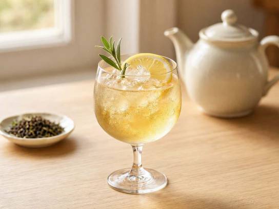 Cocktail Teaneau des Charentes sur glace pilée avec citron et estragon, théière en arrière-plan.