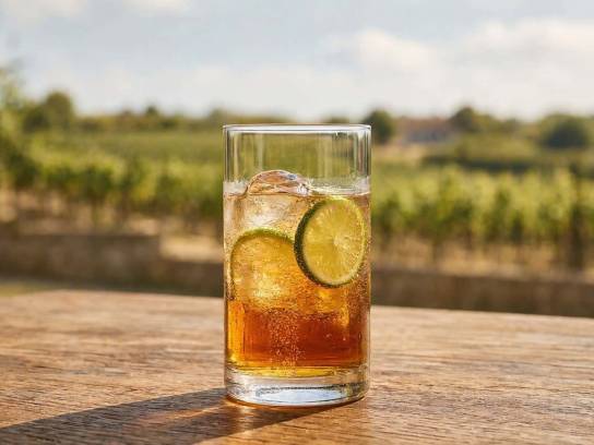 Cocktail Thé charentais au cognac ambré et tonic dans un verre highball avec rondelles de citron vert, sur fond de vignoble.