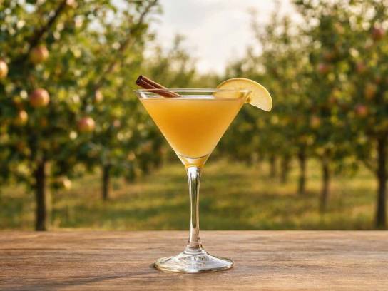 Cocktail Le Verger d’Or dans un verre martini avec tranche de pomme et cannelle dans un verger.