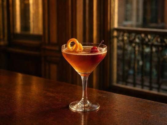 Cocktail Vieux Carré dans un verre martini avec zeste d'orange et cerise, dans un bar élégant aux boiseries sombres.