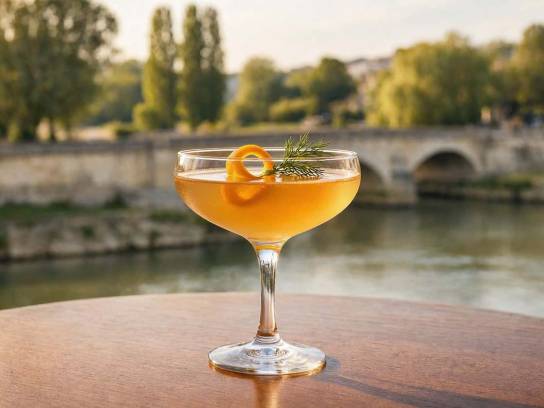 Cocktail Le Vieux Continent ambré dans une coupe avec zeste d'orange et aneth sur une table raffinée en Charente.