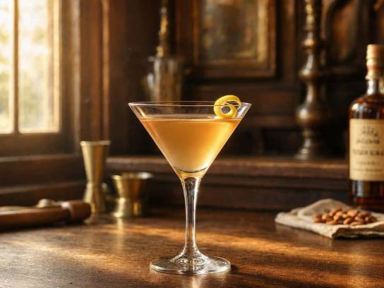 Japanese Cocktail dans un verre martini avec zeste de citron, sur un comptoir de bar en bois du 19ème siècle.