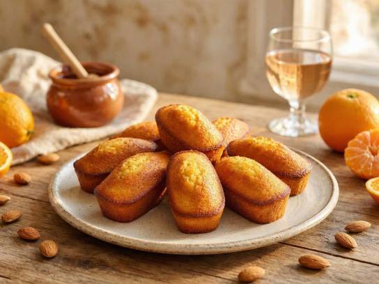 Mini-financiers aux agrumes et amandes dans une assiette en céramique, miel, agrumes et verre de Pineau en arrière-plan.