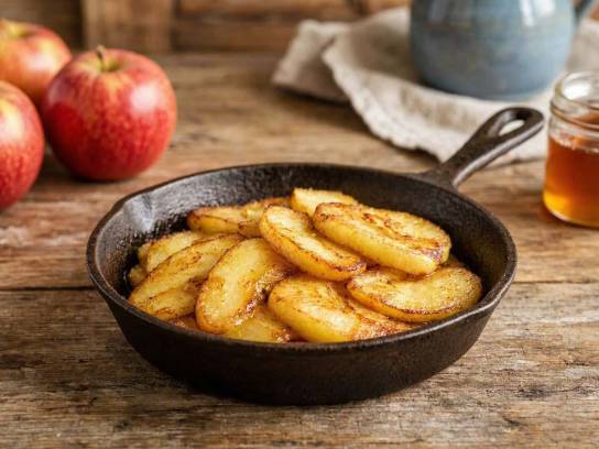 Pommes poêlées dorées au beurre Charentes-Poitou servies dans une poêle rustique sur table en bois.
