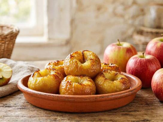 Pommes rôties dorées au beurre Charentes-Poitou dans un plat en terre cuite sur une table en bois.