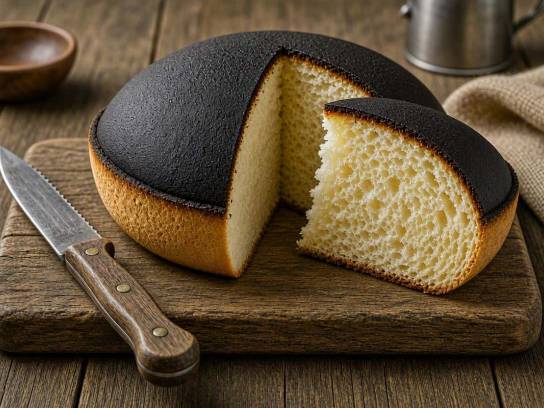 Gâteau de spécialité du Poitou : tourteau fromager à la croûte brûlée et sa part découpée moelleuse.