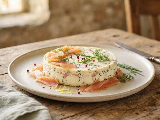 Cheesecake à la truite fumée, chèvre frais et ciboulette entier dans une assiette en céramique.