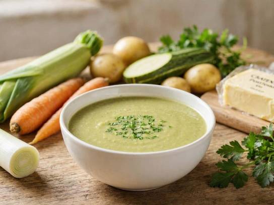 Crème de légumes de saison dans un bol en céramique, avec poireaux, carottes et beurre Charentes-Poitou.