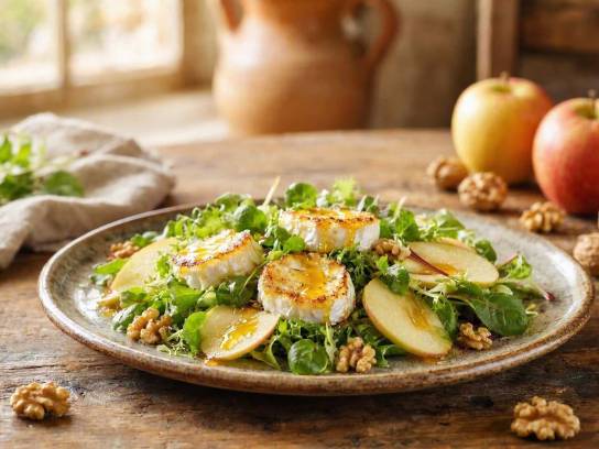 Salade de jeunes pousses au chèvre chaud, pommes, noix et miel dans une assiette rustique.