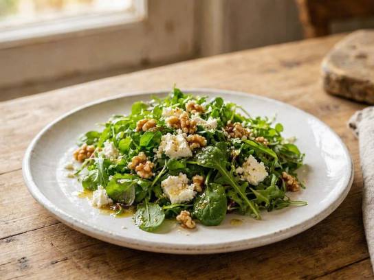 Salade de jeunes pousses au chèvre frais émietté et noix dans une assiette blanche artisanale.