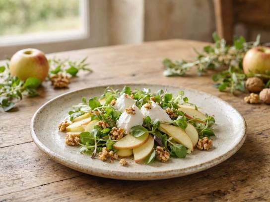 Salade de jeunes pousses au chèvre frais, lamelles de pomme et noix dans une assiette artisanale en céramique.