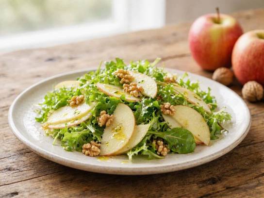 Salade de jeunes pousses, lamelles de pomme et noix à l'huile de noix dans une assiette claire.