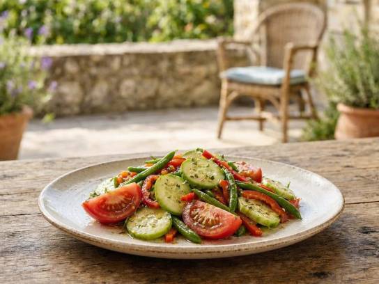 Salade de légumes estivale (tomates, courgette, poivron, concombre, haricots verts) dans une assiette en céramique sur une table en bois.