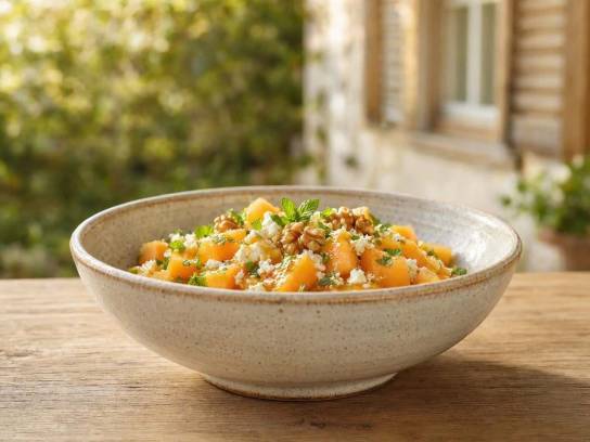 Saladier en céramique de salade de melon charentais au chèvre frais et cerneaux de noix, sur une table en bois naturel.