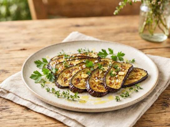 Tranches d'aubergines grillées et caramélisées aux herbes et à l'huile d'olive dans une assiette artisanale.