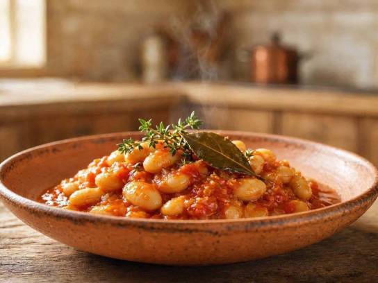 Une assiette de mogettes à la charentaise avec sauce à la tomate.