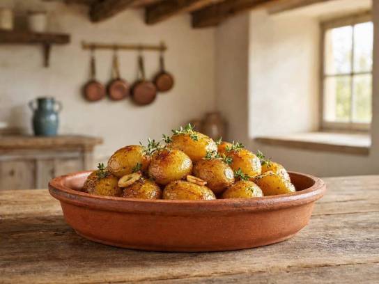 Pommes de terre grenaille rôties au beurre avec ail et thym, servies dans un plat en terre cuite sur une table en bois.