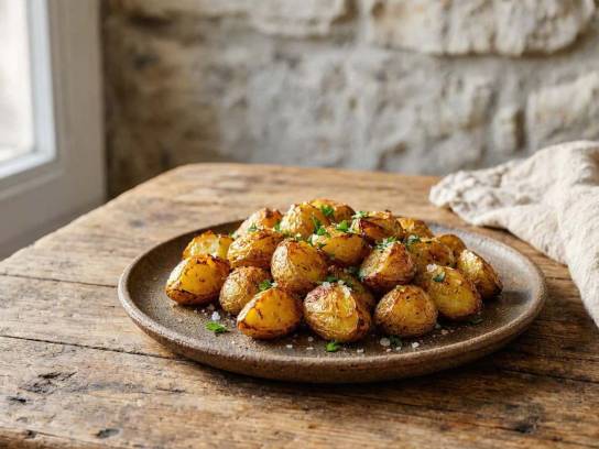 Pommes de terre grenaille rôties au four dans une assiette en grès sur une table en bois rustique