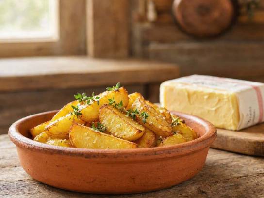 Pommes de terre rôties au beurre Charentes-Poitou bien dorées avec du thym, servies dans un plat en terre cuite.