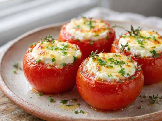 Quatre tomates farcies au fromage de chèvre gratiné et aux herbes sur une assiette en céramique.