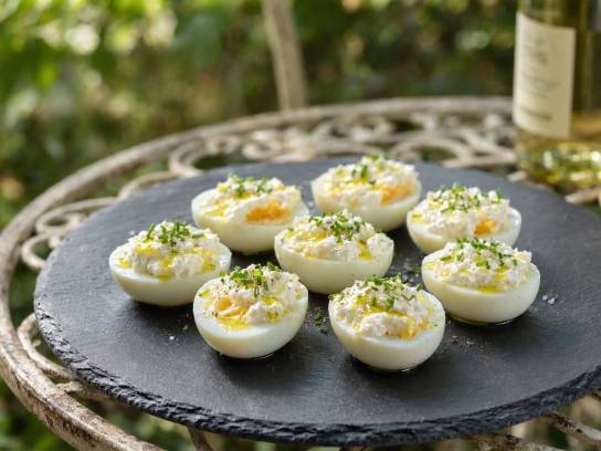 Recette d'œufs farcis au fromage de chèvre frais et ciboulette. Entrée d'été sur une assiette en ardoise et table de jardin.