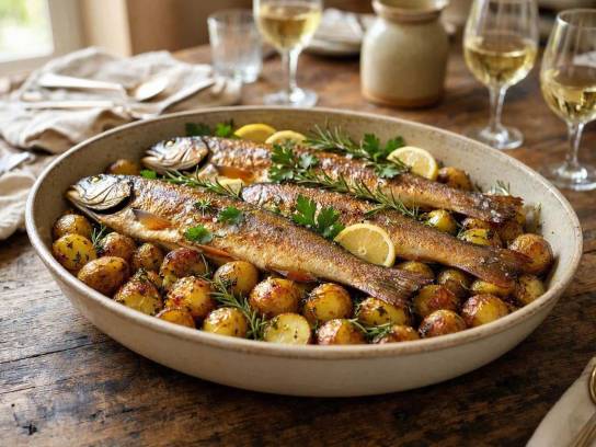 Plat de truites au four croustillantes aux herbes et citrons avec pommes de terre grenailles. Repas de poisson rôti sur une table en bois avec verres de vin blanc.