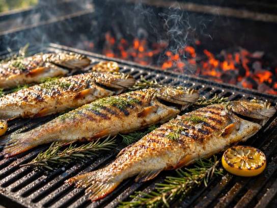 Vue rapprochée de quatre truites entières à la peau croustillante et dorée, marquées par le gril d'un barbecue, parsemées de gros sel et d'aneth frais avec des rondelles de citron et du romarin.