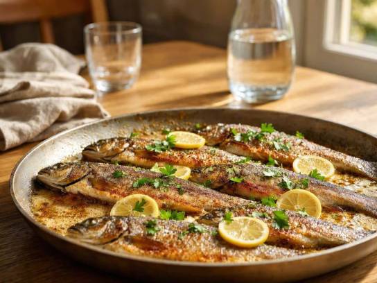 Plat de truites meunières à la poêle au beurre noisette et citron. Recette traditionnelle de poisson rôti servi sur une table en bois chaleureuse.