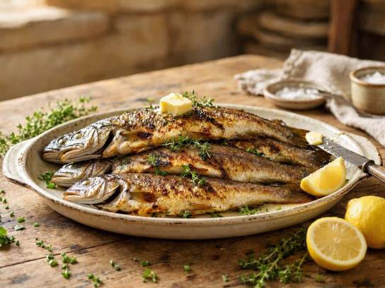 Quatre truites grillées au thym et herbes dans un plat rustique sur une table en bois avec citron.