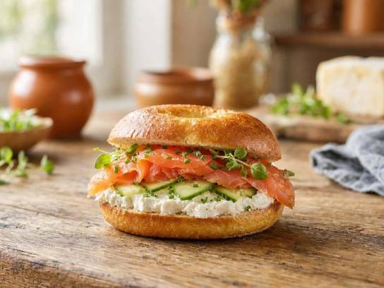 Bagel à la truite fumée et chèvre frais charentais avec concombre et ciboulette, posé sur une table en bois rustique.