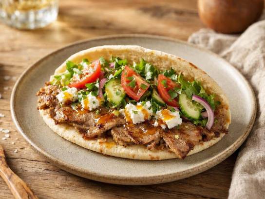 Kebab d'agneau au chèvre frais et miel dans un pain pita, dressé sur une table rustique.