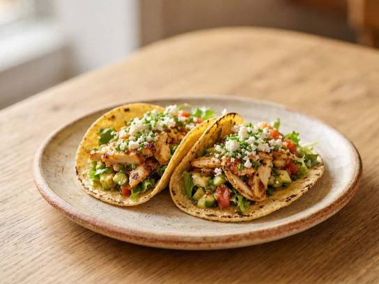 Deux petits tacos au poulet grillé, courgette, tomate et chevre frais dans une assiette rustique sur table en bois.