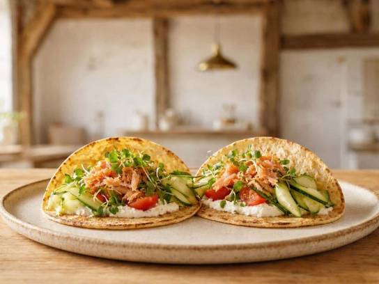 Deux petits tacos à la truite effilochée, sauce au chèvre frais et légumes croquants dans une assiette rustique en bois.
